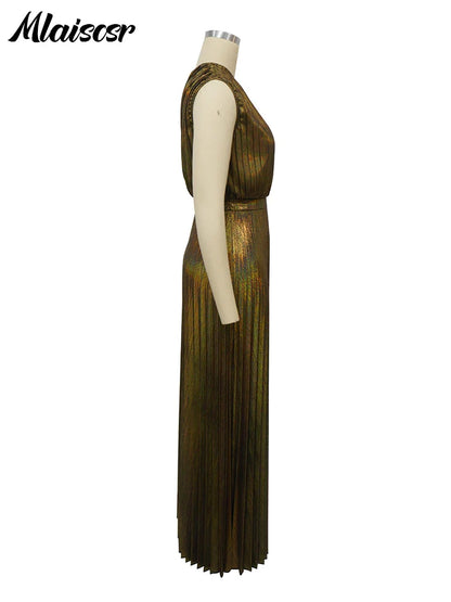 Stylish Women's Sleeveless Evening Dress in golden tones, exuding sophistication with a modern one-shoulder style and flowing skirt.