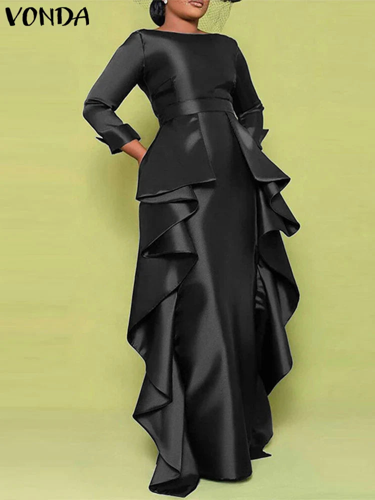 Full-length view of the Elegant Plus Size 5XL Bohemian Maxi Long Dress by VONDA, perfect for any season, embodying sophistication and style for discerning women.