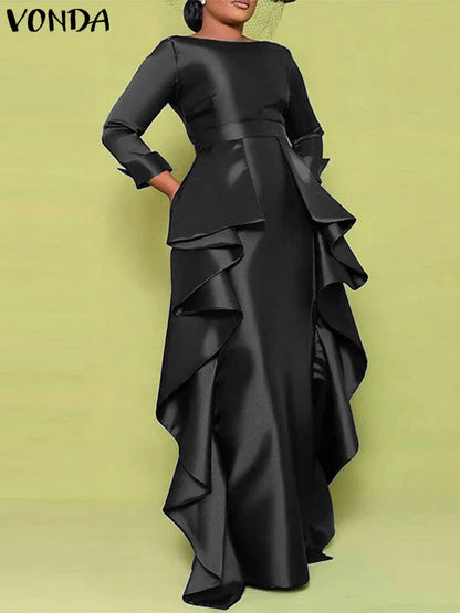 Full-length view of the Elegant Plus Size 5XL Bohemian Maxi Long Dress by VONDA, perfect for any season, embodying sophistication and style for discerning women.