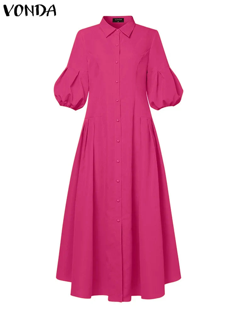 Elegant Plus Size 5XL VONDA Maxi Dress for Women featuring stylish lantern sleeves and exquisite button detailing, perfect for a casual yet high-end look.