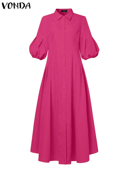 Elegant Plus Size 5XL VONDA Maxi Dress for Women featuring stylish lantern sleeves and exquisite button detailing, perfect for a casual yet high-end look.