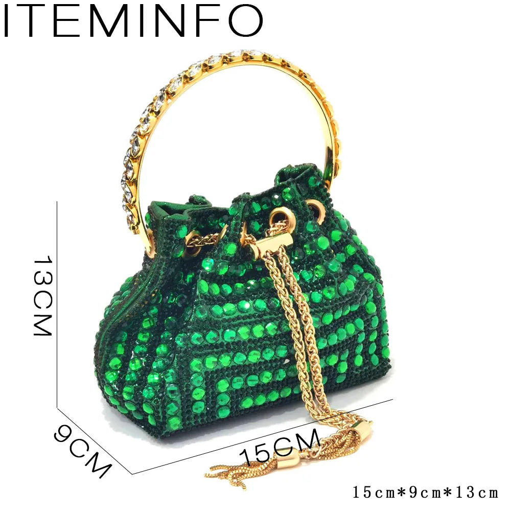 Venus Chan luxury green diamond pointed toe high heels elegantly displayed on a reflective surface, showcasing their sophisticated design and shimmering crystal embellishments.