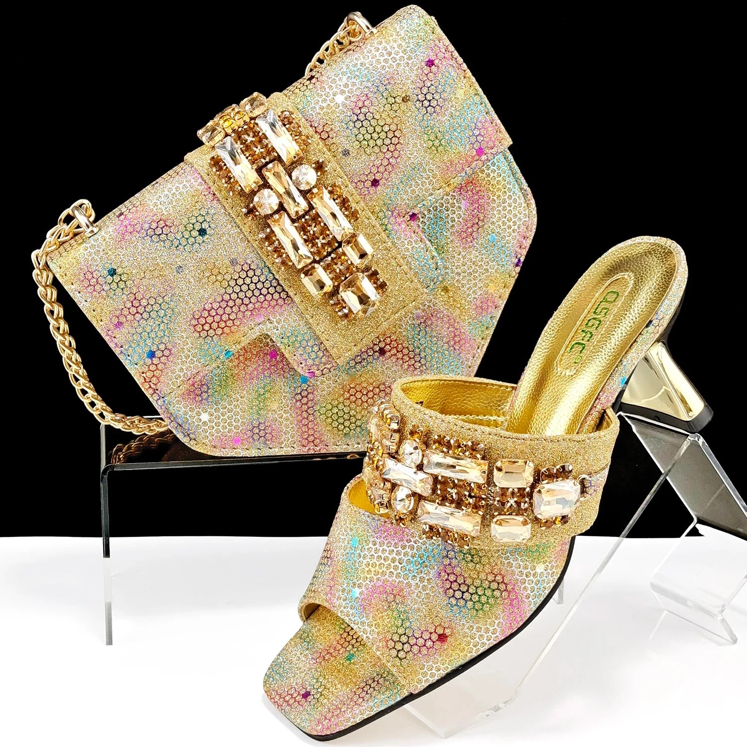 Chic QSGFC gold high heel pumps with a square toe shape, showcasing a blend of comfort and fashion.