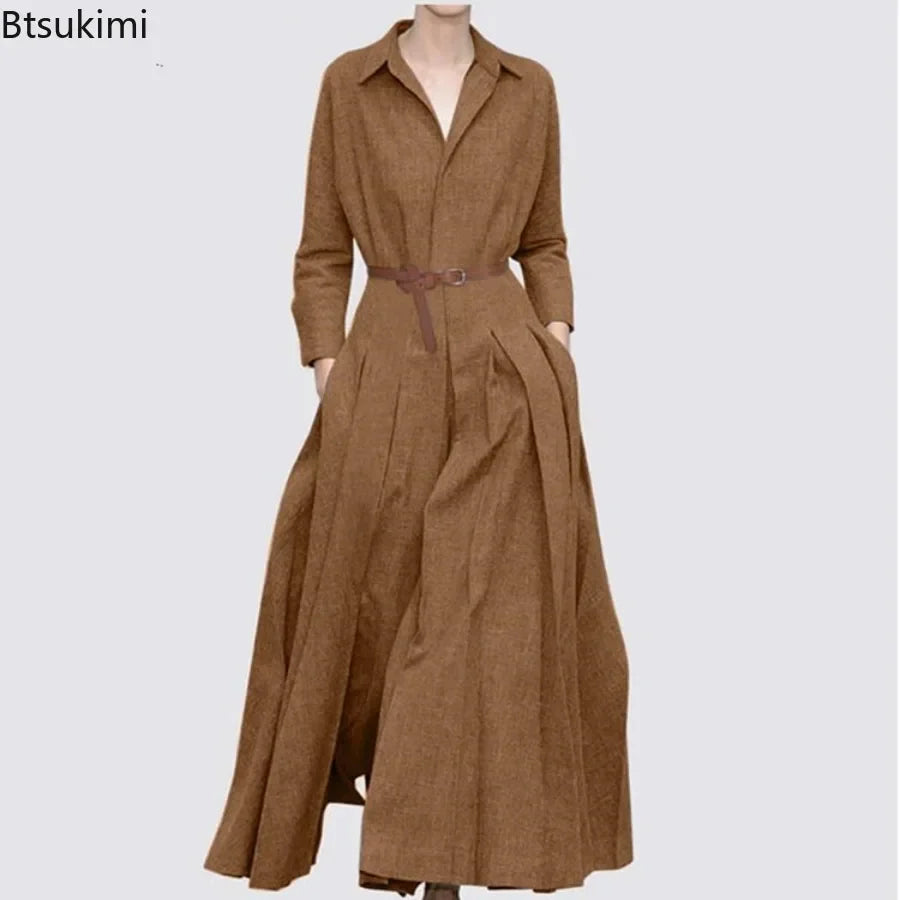 Elegant maxi shirt dress for women featuring a V-neck and A-line silhouette, designed for casual office wear and available in sizes S to 5XL.