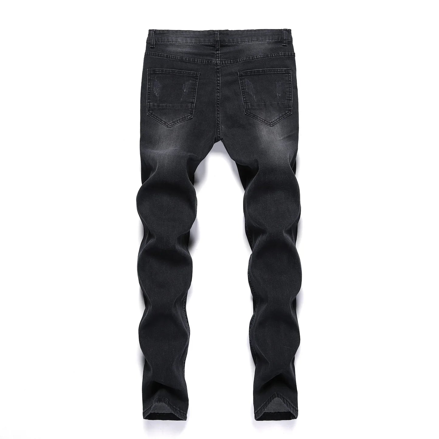 Sophisticated Men's Denim Pencil Pants featuring a ripped design and vintage stonewashed finish, combining casual elegance with contemporary style.