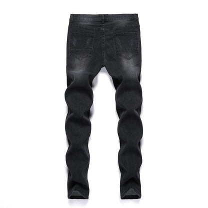 Sophisticated Men's Denim Pencil Pants featuring a ripped design and vintage stonewashed finish, combining casual elegance with contemporary style.