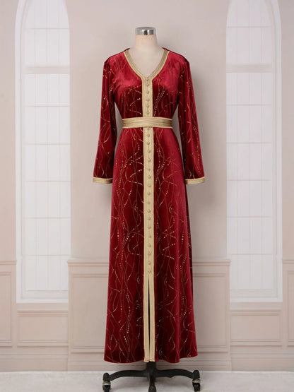 Luxurious golden velvet Moroccan Dubai dress featuring intricate sequins and elegant bat sleeves, perfect for Ramadan celebrations.