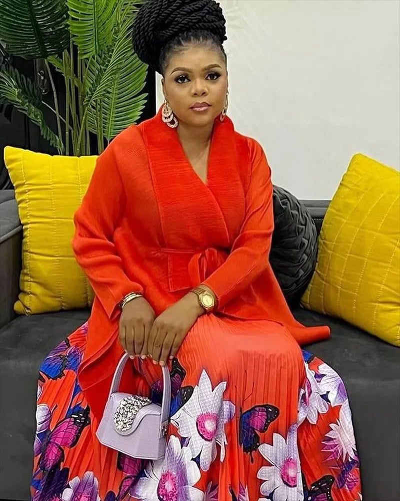 Elegant display of the EGRM Plus Size 2-Piece Autumn Skirt Set, featuring ankle-length pleated skirt and chic turn-down collar top, ideal for stylish women.