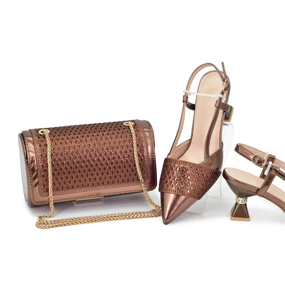 Luxurious Italian designer women's shoe and bag set featuring a high heel slingback with rhinestone embellishments for upscale events.