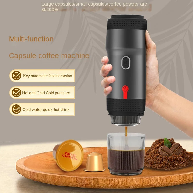Luxury portable fully automatic espresso machine featuring a sleek plastic housing, compatible with large and small coffee capsules, ideal for coffee connoisseurs.