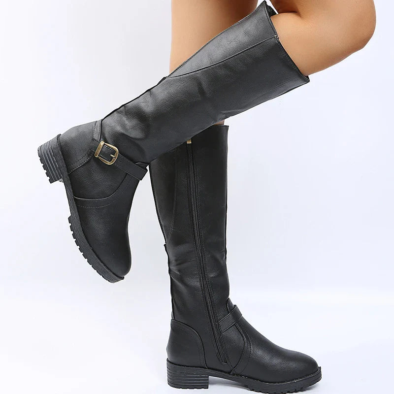 Chic women’s long knee-high platform boots made from luxurious PU leather, featuring a stylish square heel and sophisticated buckle details, designed for winter elegance.