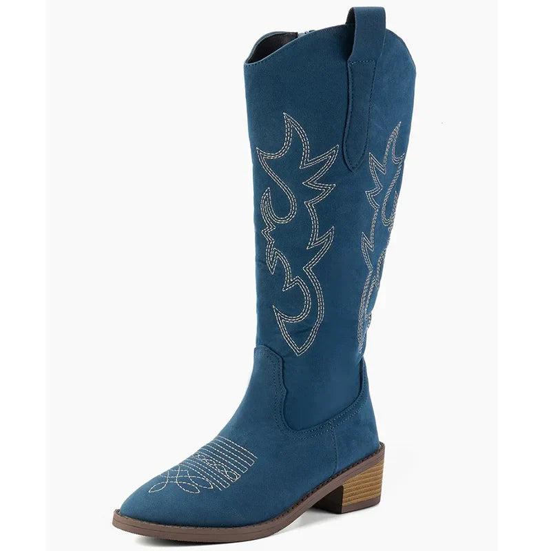 Luxury women's knee-high Chelsea cowboy boots with a stylish design, mid heel height, and unique zipper closure, catering to sizes 36 through 50 for a fashionable fit.