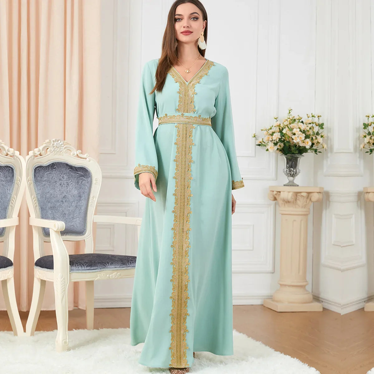 Full length view of a glamorous pullover abaya with a crewneck design, ideal for elegant Muslim women during festive seasons.