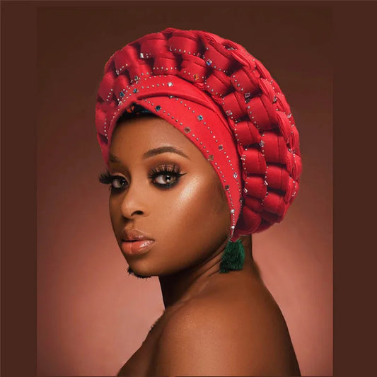Luxury African Autogele headtie turban cap adorned with shimmering diamond accents, perfect for elegant women's fashion and special occasions.