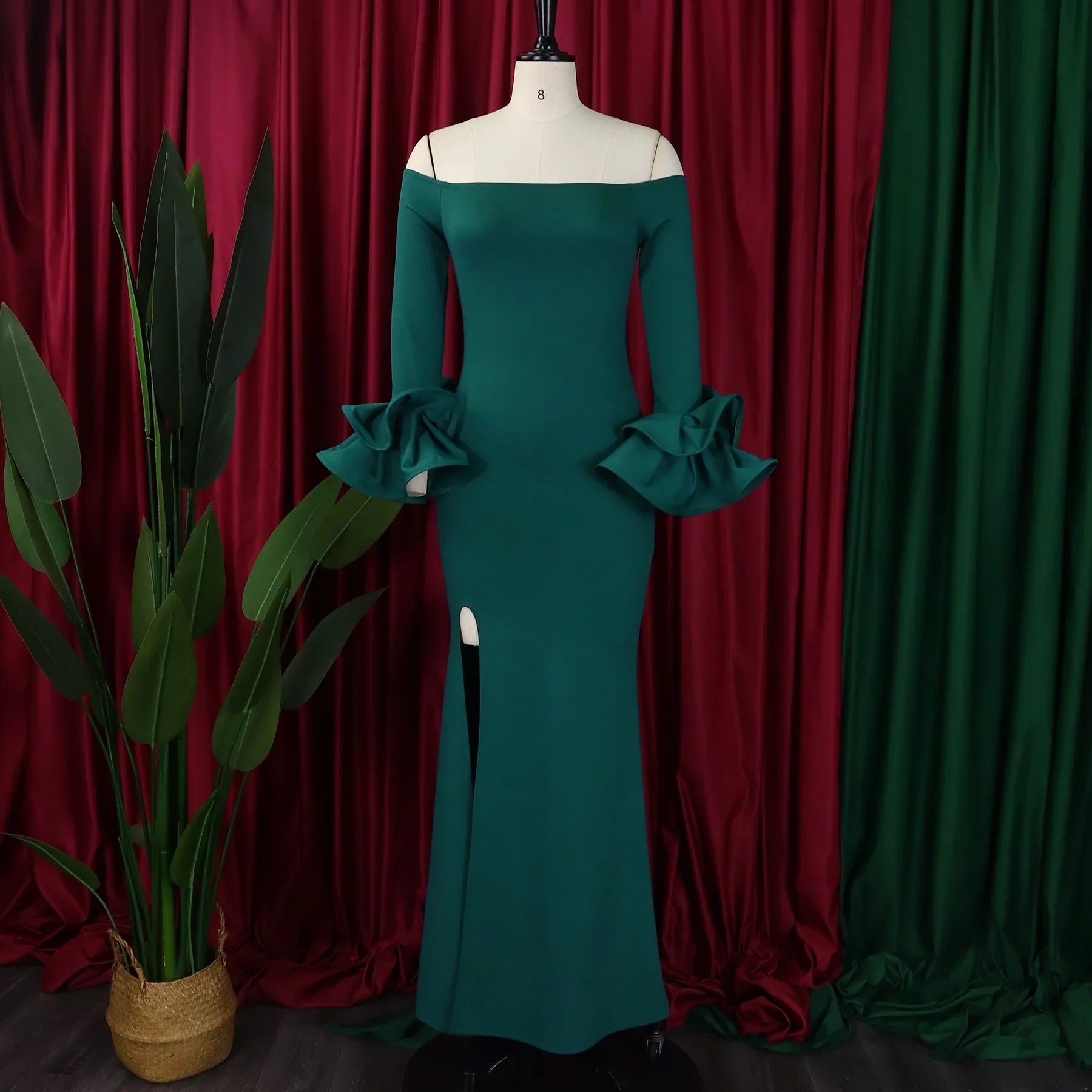 Stylish shot of FairyShely Plus Size Off Shoulder Dress in solid colour, perfect for office attire and special occasions, highlighting its medium stretch polyester fabric.