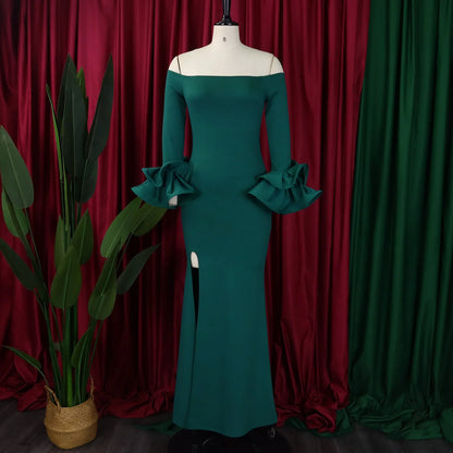 Stylish shot of FairyShely Plus Size Off Shoulder Dress in solid colour, perfect for office attire and special occasions, highlighting its medium stretch polyester fabric.