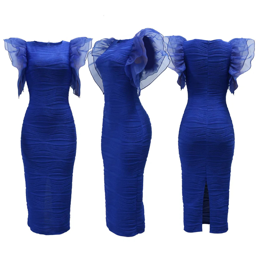 Side view of the luxurious CM.YAYA stripe dress with delicate butterfly sleeves and mid-calf length, ideal for sophisticated spring-summer styling.