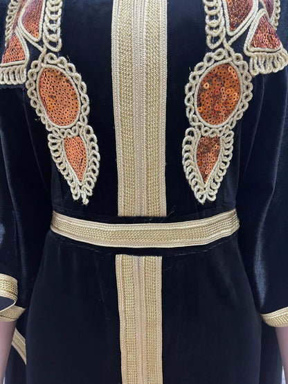 Stylish and elegant abaya dress with an eye-catching sequin embellishment, elegantly designed for modern Muslim women's fashion.