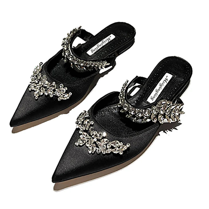 Chic women's summer mules sandals with an elegant pointed toe, crafted from premium silk and highlighted with exquisite rhinestones.