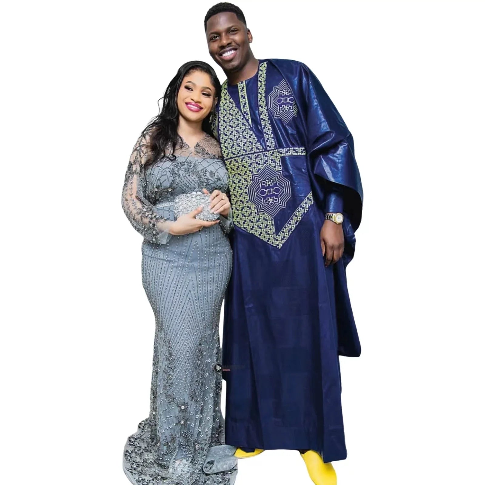 Luxury men's traditional Bazin Riche clothing set, featuring intricate embroidery on a long-sleeve design, perfect for elegant occasions.