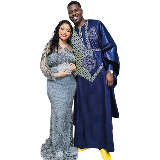 Luxury men's traditional Bazin Riche clothing set, featuring intricate embroidery on a long-sleeve design, perfect for elegant occasions.