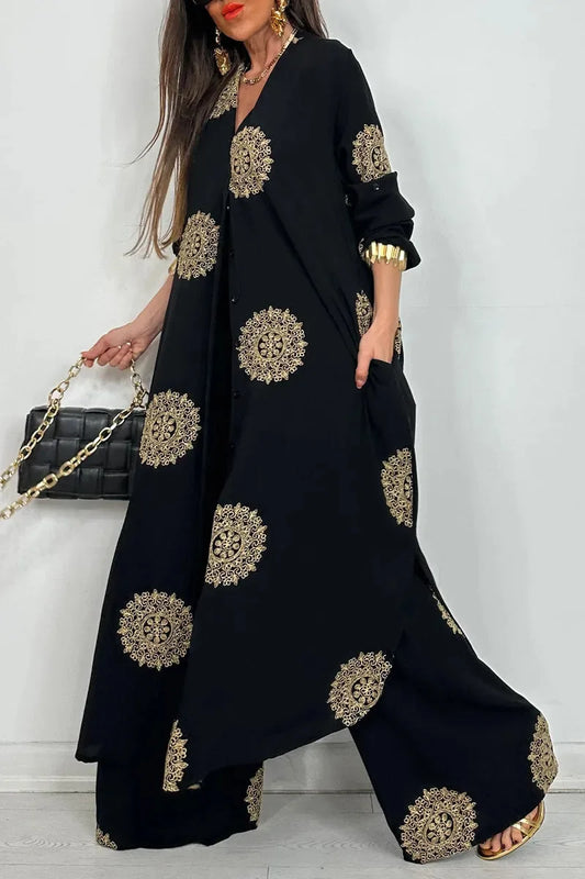 Close-up view of the sophisticated button details on the vintage printed robe, showcasing luxury craftsmanship in a women's casual two-piece outfit.