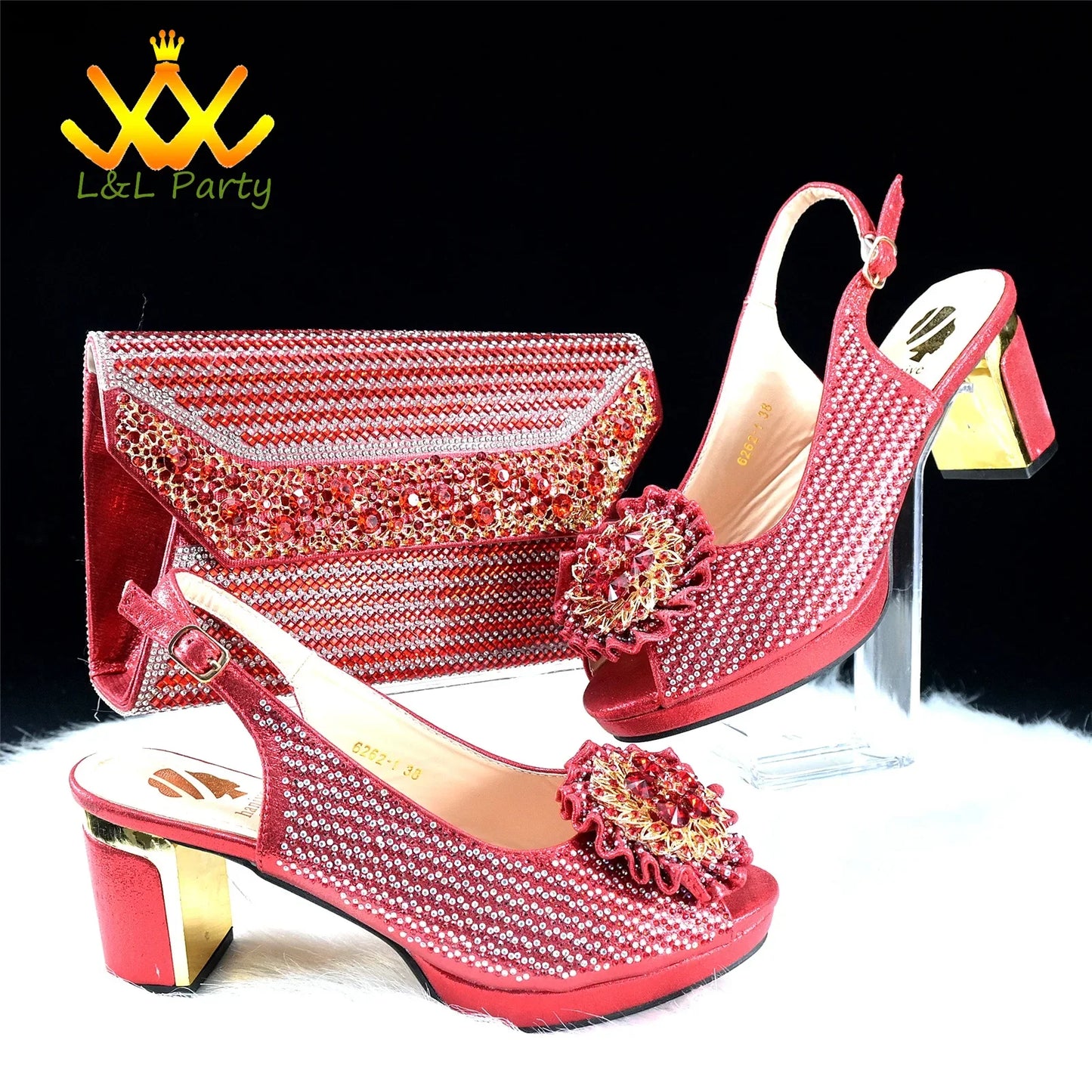 Close-up view of high-heeled Italian platform sandals adorned with exquisite crystal detailing, perfect for adding glamour to evening attire.