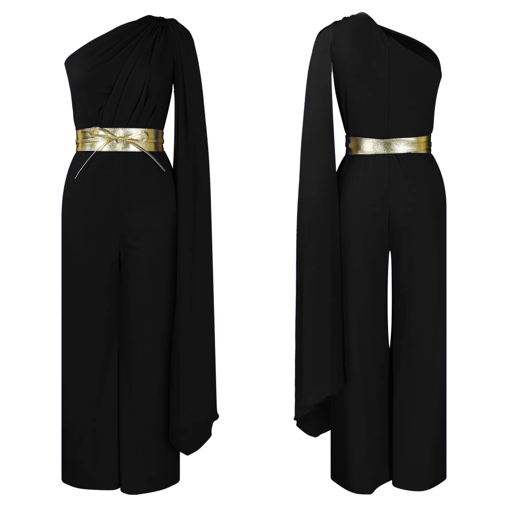 Luxurious fabric detail of a women's high-waisted jumpsuit, showcasing the premium polyester material with a modern, solid pattern.