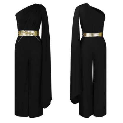 Luxurious fabric detail of a women's high-waisted jumpsuit, showcasing the premium polyester material with a modern, solid pattern.