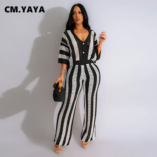 Elegant close-up of the CM.YAYA Women's Knit Ribbon Bohemian 2 Piece Set showcasing the intricate knit and comfortable fit, ideal for middle-aged women's fashion.