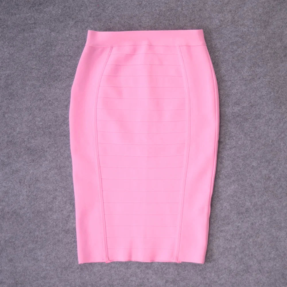 Fashion model displaying HQBORY Women’s High Waist Nude Bandage Pencil Skirt, embodying elegance and sophistication in knee-length styling suitable for all-season wear.
