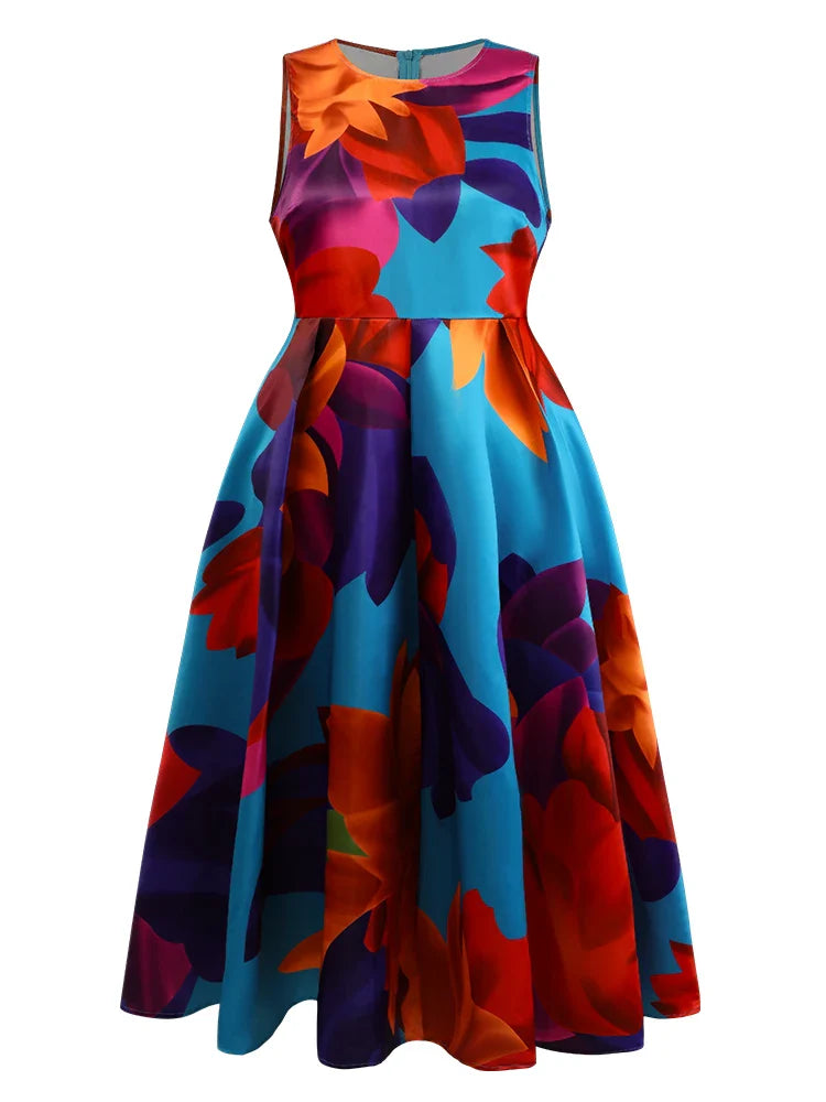 Stylish women's A-line sleeveless tank dress with a luxurious floral pattern, ideal for casual outings and elegant events.