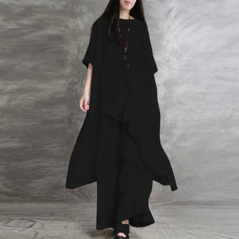 Stylish women's luxury cotton linen 2-piece set featuring a casual loose blouse and high waist wide leg trousers, designed for elegance and comfort.