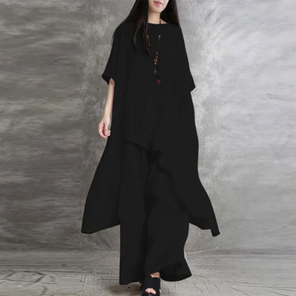 Stylish women's luxury cotton linen 2-piece set featuring a casual loose blouse and high waist wide leg trousers, designed for elegance and comfort.