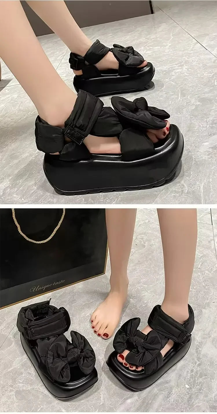 Close-up of high-heeled gladiator sandals showcasing soft PU material and fashionable butterfly-knot design, ideal for summer elegance.