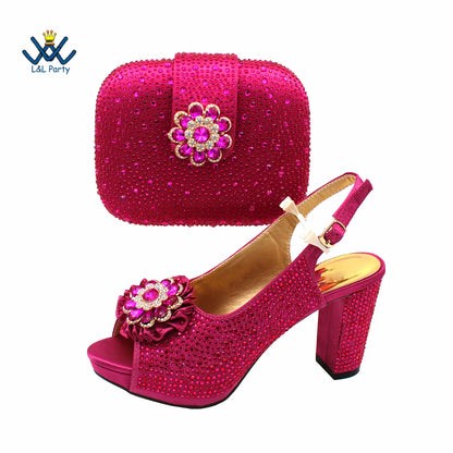 Stylish women's party pumps in magenta with a high square heel and crystal embellishments, perfect for glamorous events.