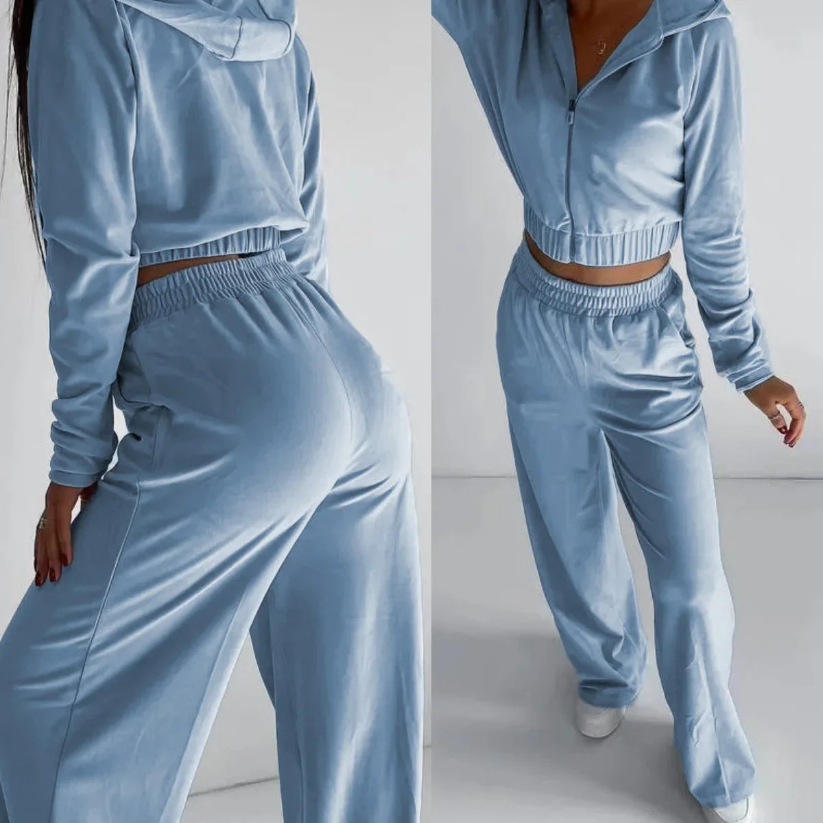 Chic and elegant denim tracksuit outfit for women, showcasing a structured button pocket shirt paired with high waist pants, perfect for the office or casual spring/summer outings.