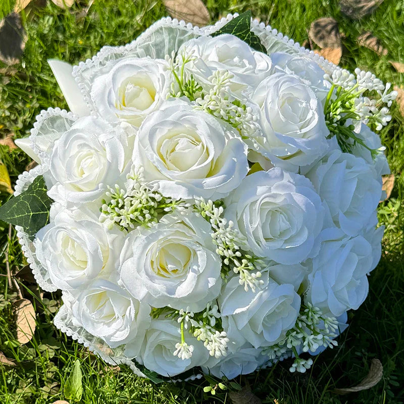 Stylish wedding bouquet crafted from high-quality silk, embellished with babysbreath and elegant pearl detailing.