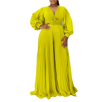 Luxury Elegant Autumn Dashiki Jumpsuit for Women in vibrant Yellow green, featuring long sleeves and a flattering V-neck design, available in plus sizes S-3XL made from high-quality polyester.