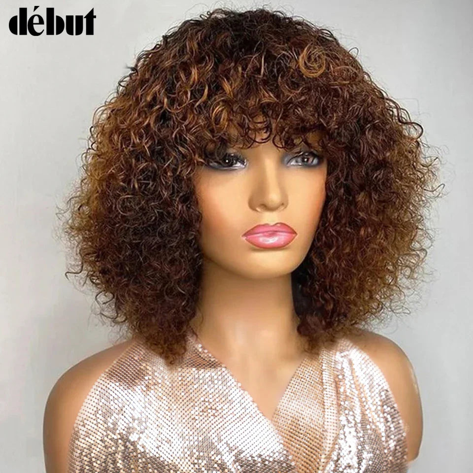 Glamorous display of a Jerry Curly Short Pixie Bob Cut Wig with bangs, highlighting the rich texture and luxurious quality of Remy Human Hair.