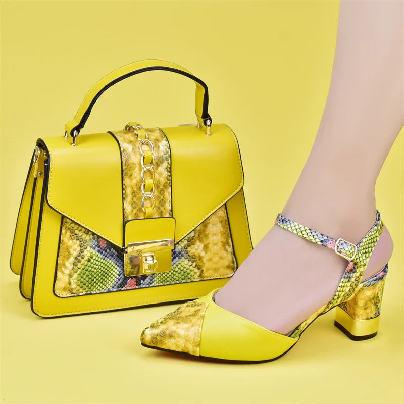 Exclusive high heel pumps for women with intricate crystal details, showcased alongside an exquisite matching handbag set.