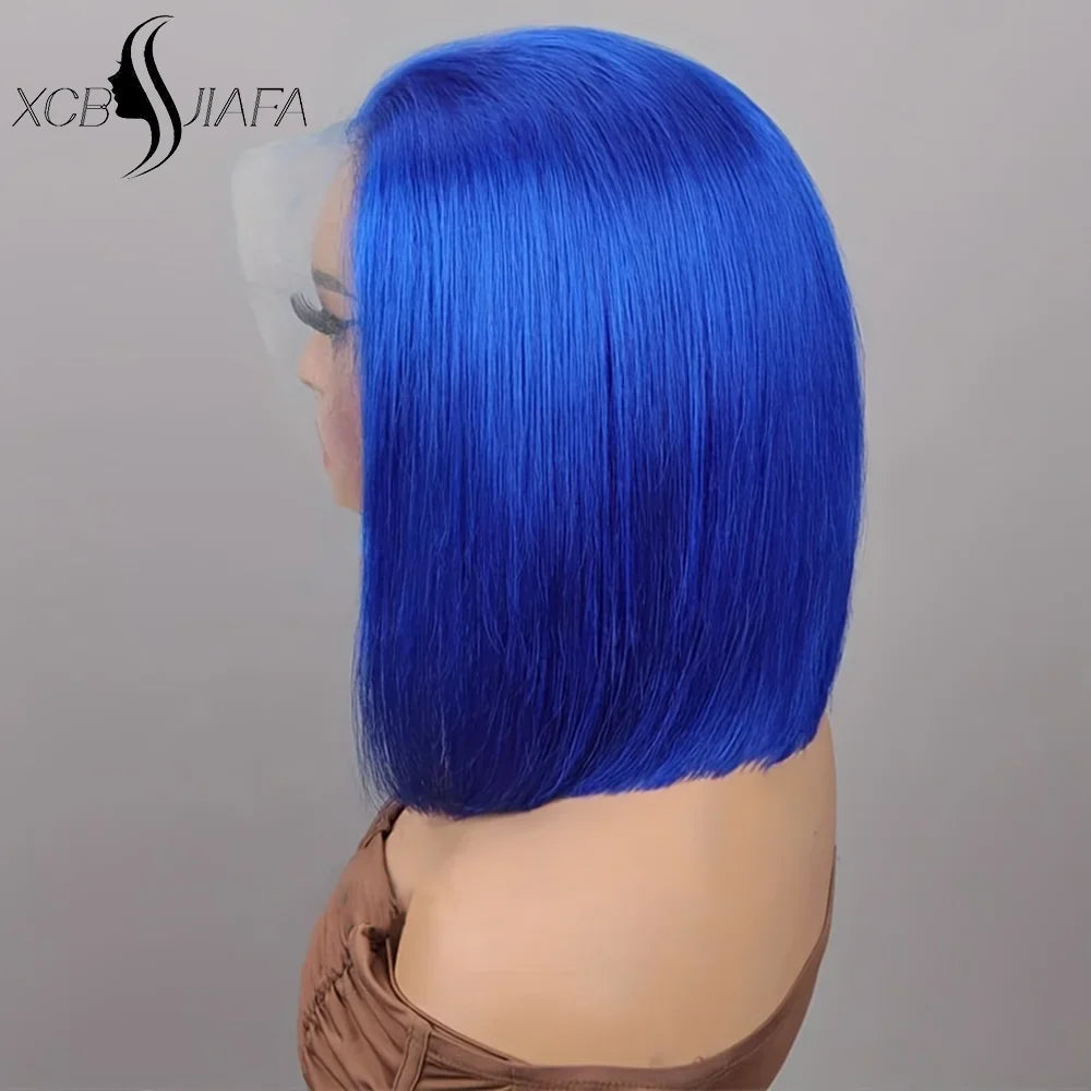 Close-up view of the Swiss lace base and hair texture of the luxurious 180 density navy blue bob wig, showcasing its premium quality.