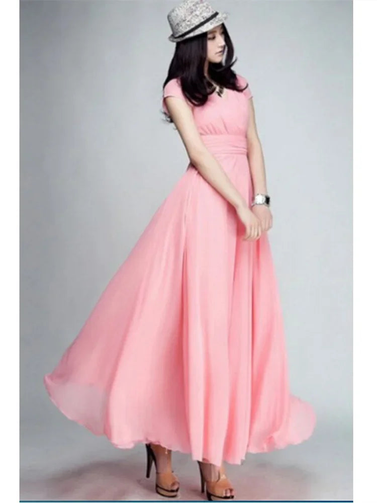 Elegant women's bodycon chiffon dress featuring short sleeves and a sophisticated V-neck design, ideal for spring and summer occasions.