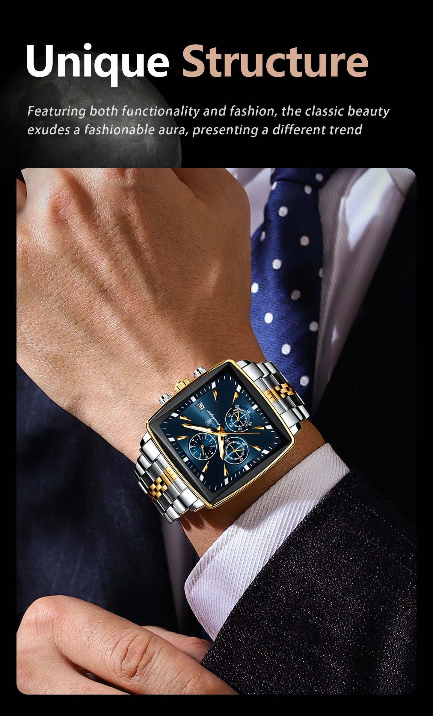 Close-up view of the illuminated dial of a luxury waterproof wristwatch, featuring a detailed chronograph function and sleek stainless steel band.