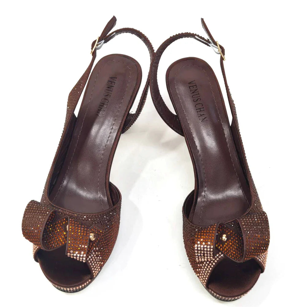 Sophisticated combination of Venus Chan peach slingback high heels and matching bag, tailored for women's fashion-forward party wear with haute couture appeal.