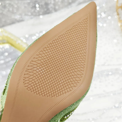 Close-up view of elegant Italian diamond-studded heel measurements, highlighting exquisite detailing and luxurious materials.