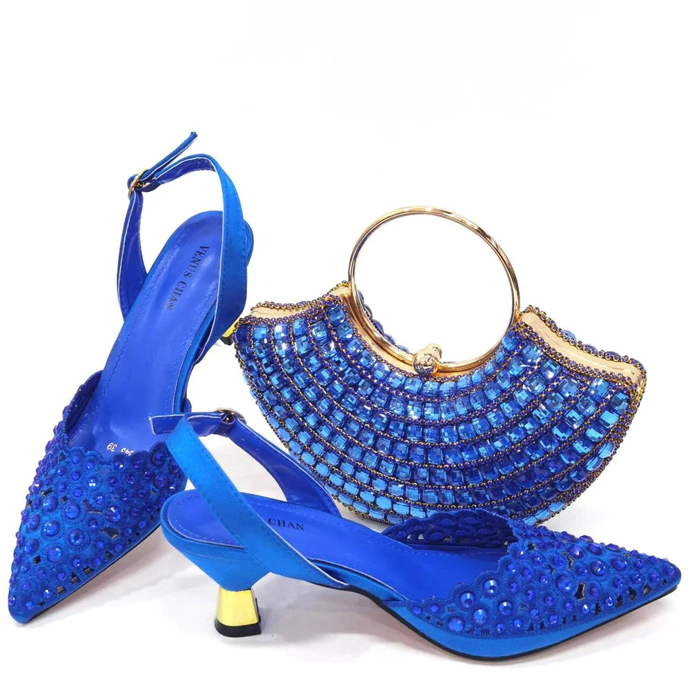 Stylish women’s party shoe and bag set in gold by Venus Chan, crafted for comfort and glamour, ideal for special occasions, weddings, and evening events.