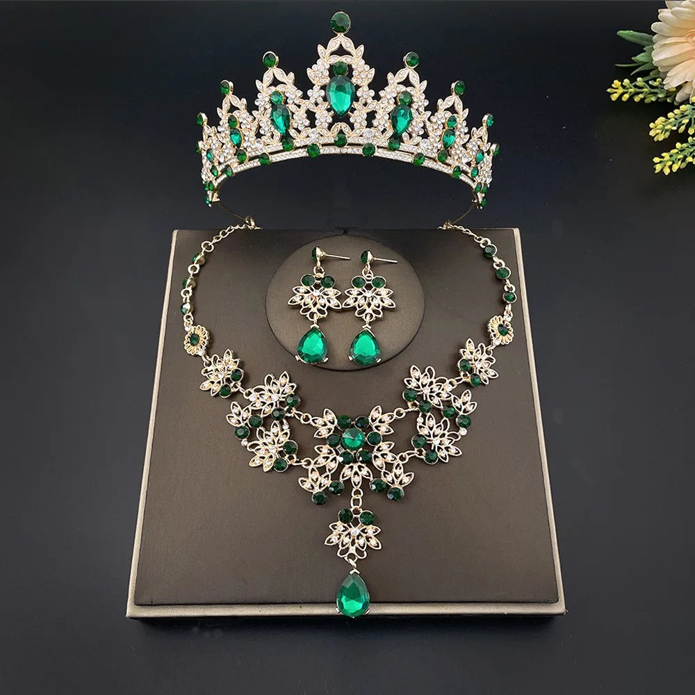 Luxury 3-piece bridal jewelry set displayed elegantly, showcasing a dazzling crown, necklace, and earrings.