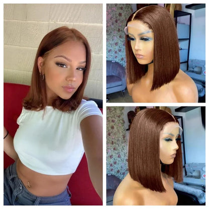 Detailed image of the 210% density Bob Wig in Chocolate Brown, showcasing its full body and thickness while emphasizing the premium Remy hair quality.