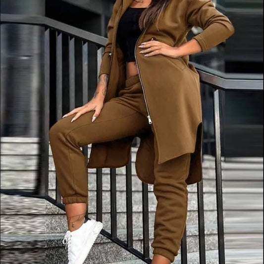 Luxury women's hooded zipper long coat tracksuit featuring ankle-length pants, perfect for office style in a regular fit.